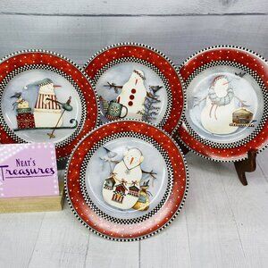 1998 Sakura Debbie Mumm FROSTY FOLKS Christmas Lunch Dessert Salad Plates Set 4